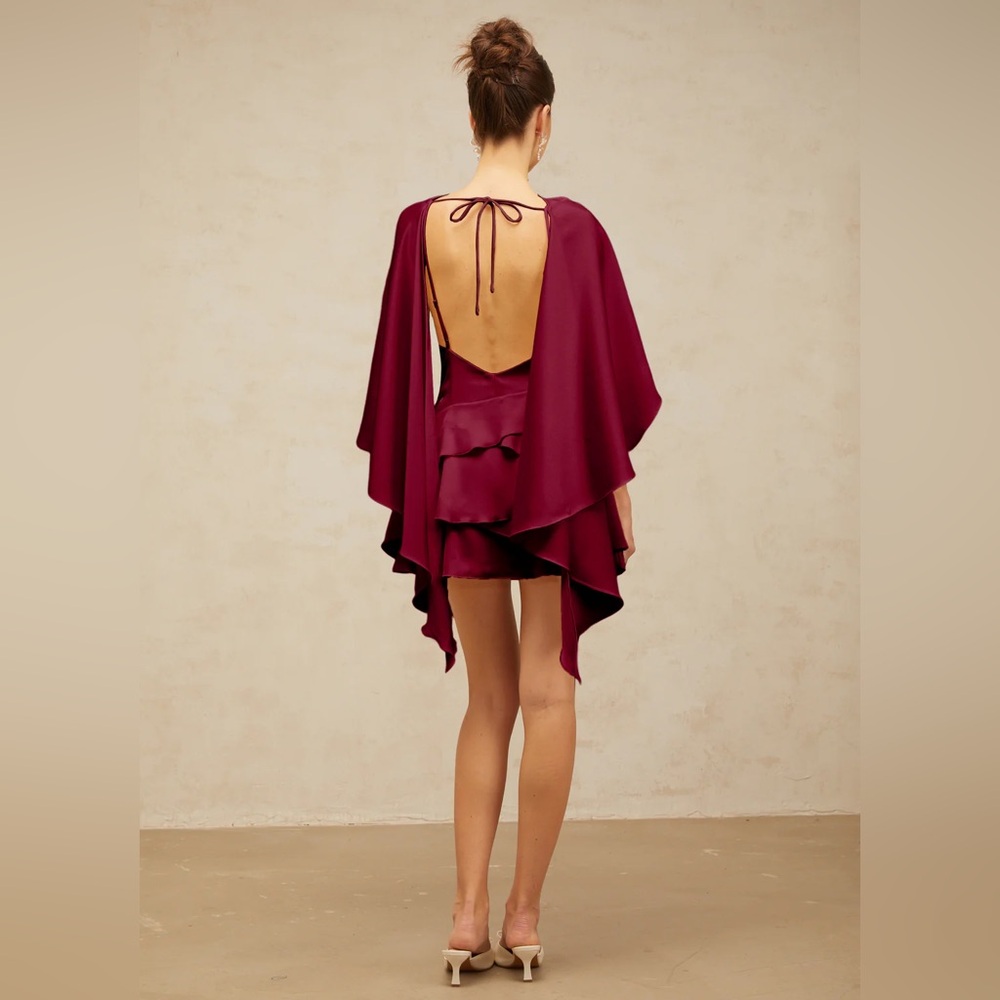 Miss Rosier Lyna shawl-panel ruffled satin mini dress in Re - Picture 2 of 5